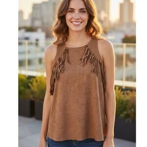 Hollister Faux Leather Top Fringe Brown Sleeveless SZ SM Y2K Rustic Rodeo